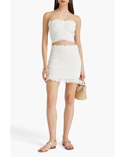 Charo Ruiz White Areth Cropped Shirred Broderie Anglaise Cotton-Blend Halterneck Top