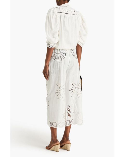 Farm Rio Natural Cropped Broderie Anglaise Cotton Wide-leg Pants
