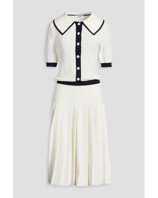 Thom Browne Natural Pleated Crochet-Knit Midi Shirt Dress