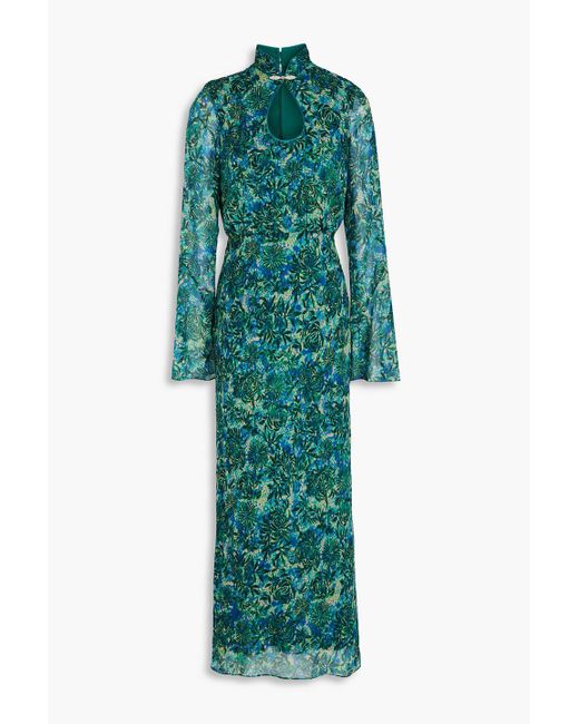 Saloni Green Domino B Cutout Printed Silk-Georgette Midi Dress