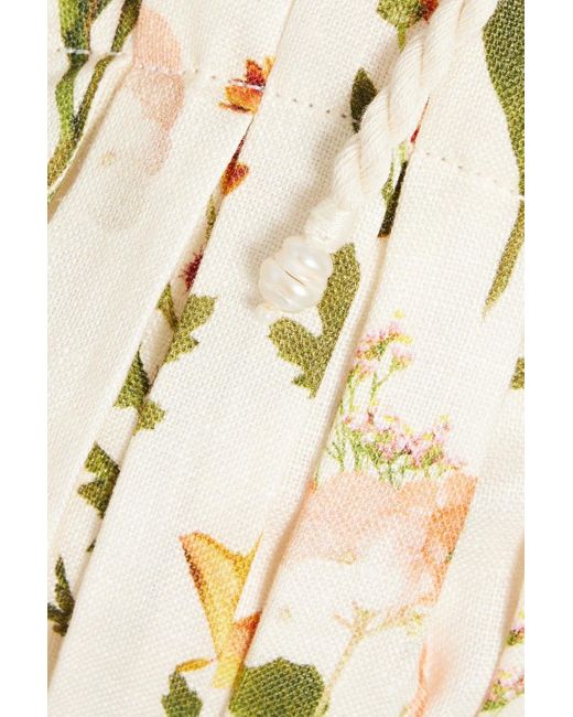 Agua Bendita White Moringa Clementina Cropped Pleated Floral-print Linen Bustier Top