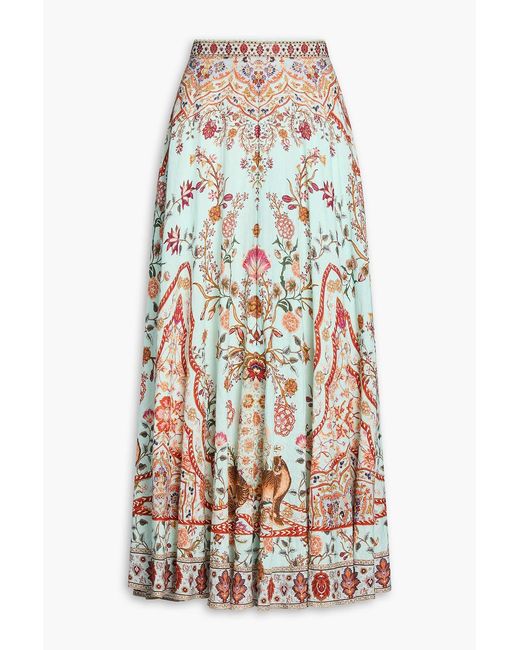 Camilla White Floral-Print Embellished Silk-Twill Maxi Skirt