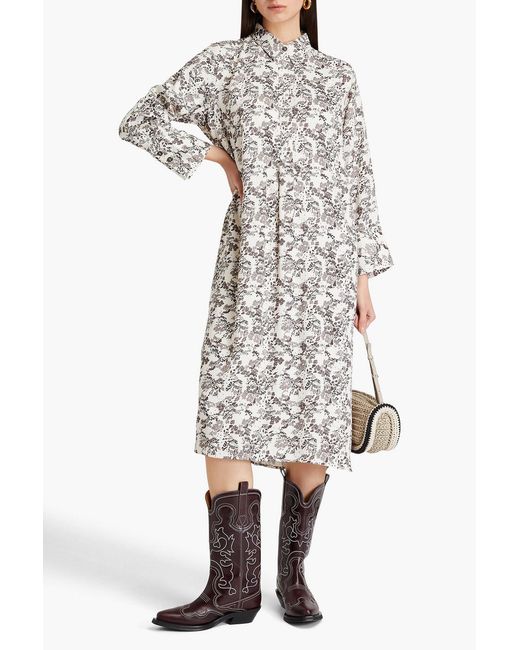 Ganni White Pleated Floral-print Twill Midi Shirt Dress