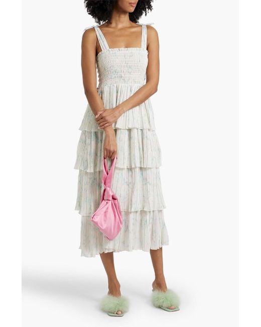 Ganni Tiered Printed Crepe De Chine Midi Dress in White | Lyst