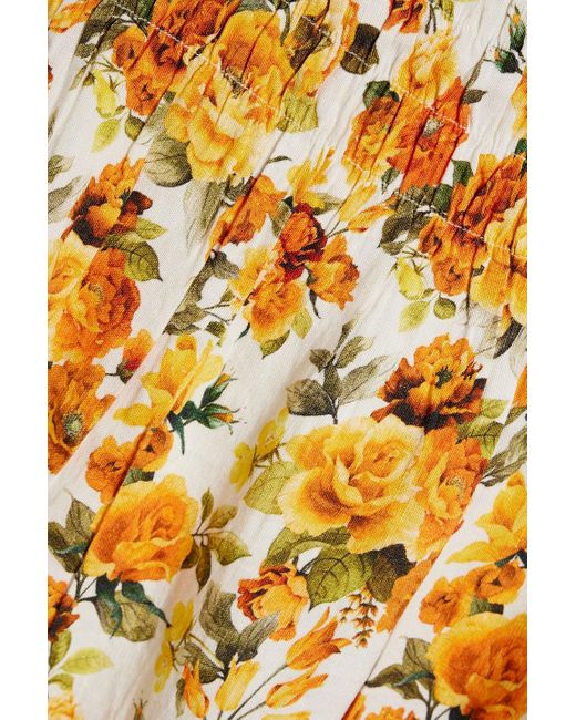 Onia Metallic Off-the-shoulder Shirred Floral-print Linen-blend Midi Dress