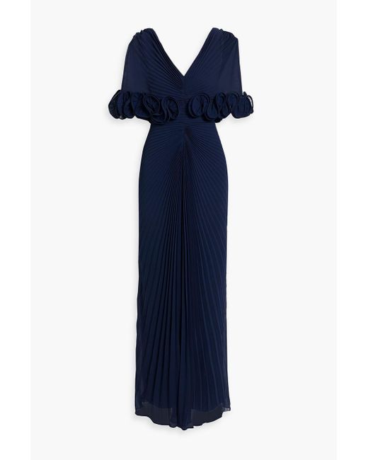 Badgley Mischka Blue Ruffled Pleated Georgette Gown