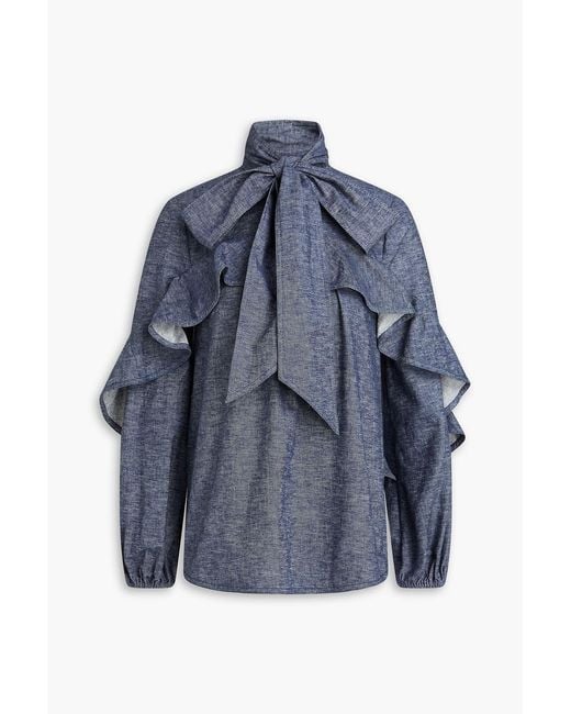 Zimmermann Blue Pussy-Bow Linen-Blend Blouse