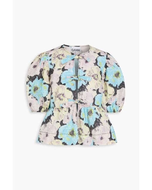 Ganni Blue Floral-print Cotton-poplin Peplum Top