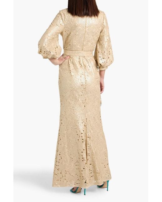 badgley mischka collection strapless guipure lace midi dress Badgley Mischka Belted Guipure Lace Gown in Natural