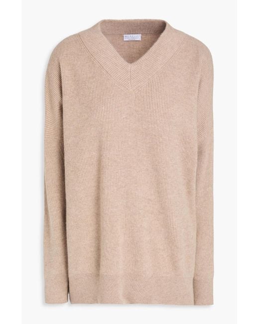 Brunello Cucinelli Natural Bead-Embellished Cashmere Sweater