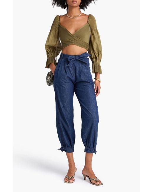 Zimmermann Green Cropped Plissé-organza Top