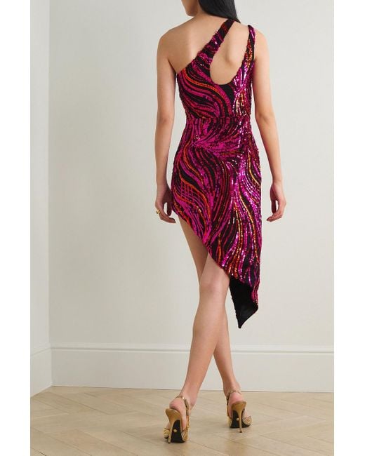 Halpern Red One-shoulder Cutout Sequined Tulle Mini Dress