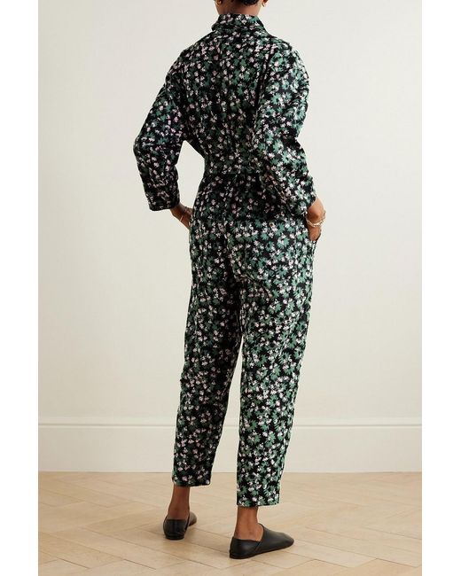 Yvonne S Black Belted Floral-print Cotton-corduroy Jumpsuit