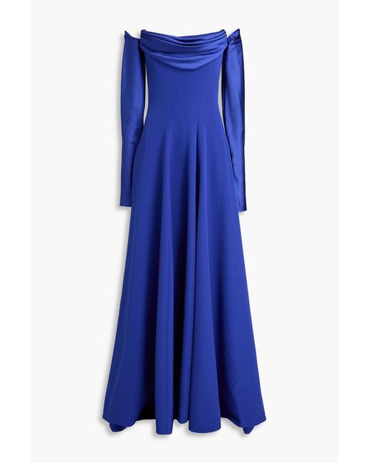 Rhea Costa Blue Salma Off-the-shoulder Draped Satin-trimmed Crepe Gown