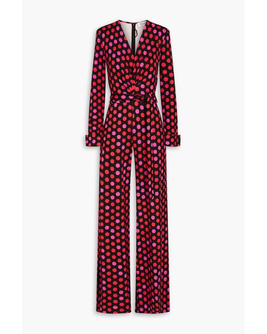 Diane von Furstenberg Red Rose Marie Pleated Polka-dot Jersey Jumpsuit