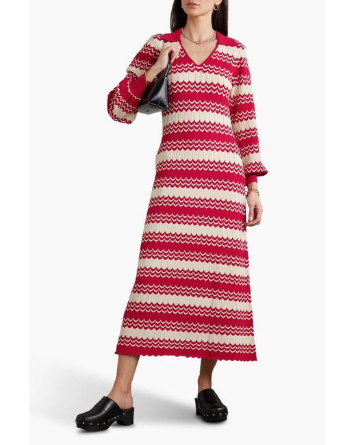 Rixo Red Piper Scalloped Pointelle-knit Midi Dress