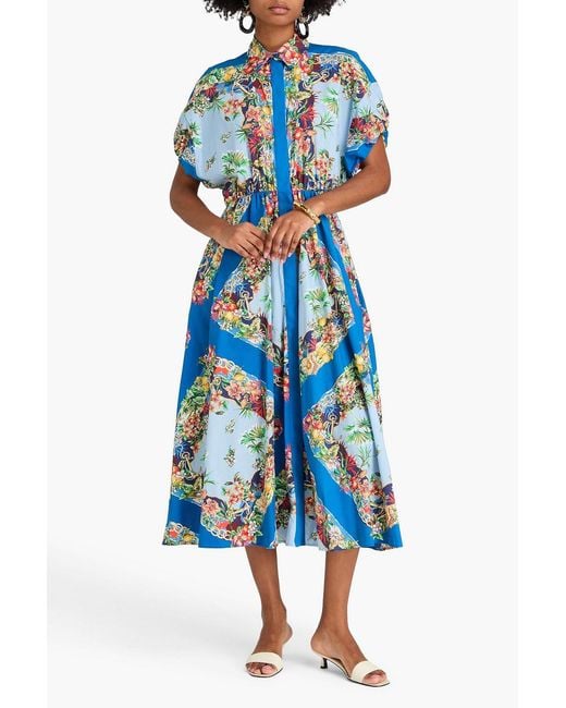 Maje Blue Pleated Floral-Print Cotton-Poplin Midi Shirt Dress