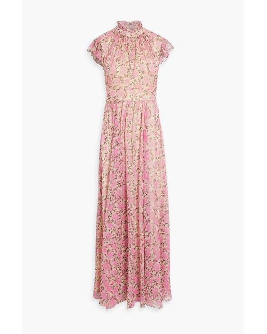 Mikael Aghal Pink Button-detailed Floral-print Chiffon Maxi Dress
