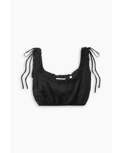 Doen Black Renee Cropped Ruffled Pintucked Ramie Top