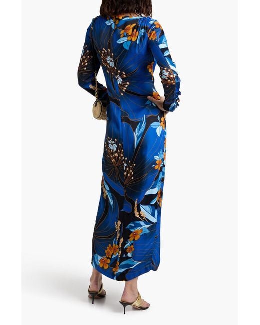 Farm Rio Blue Knotted Floral-Print Satin Maxi Dress