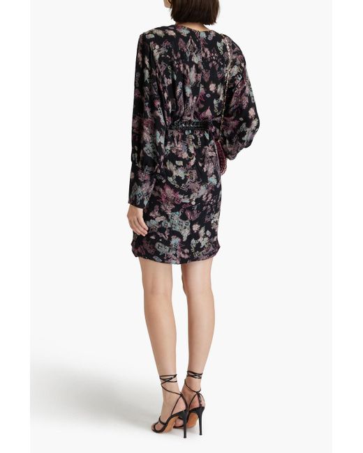 IRO Black Gathered Printed Crepe Mini Dress