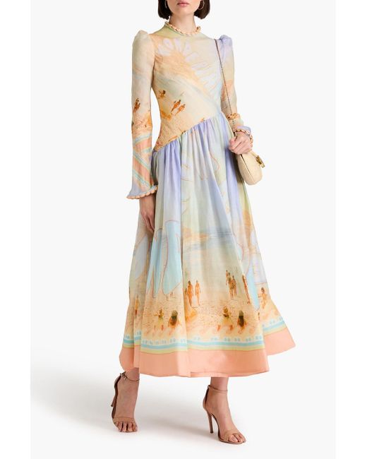 Zimmermann Blue Printed Linen And Silk-blend Gauze Maxi Dress