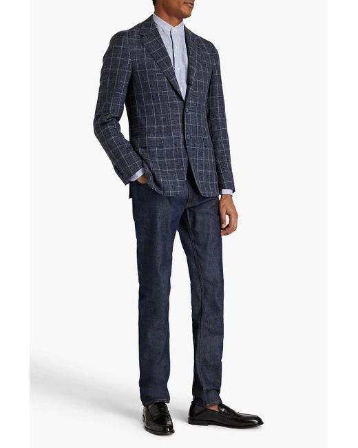 Canali Blue Checked Wool, Silk And Linen-blend Blazer for men