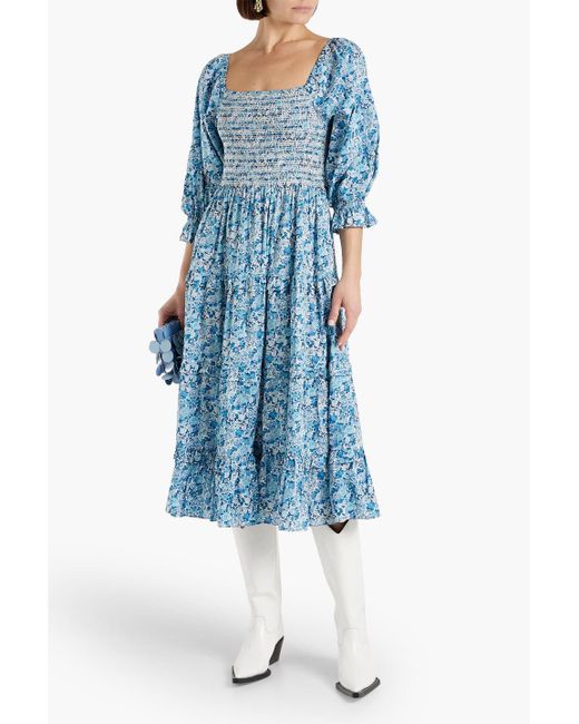 LoveShackFancy Blue Minnie Tiered Smocked Floral-print Cotton-poplin Midi Dress