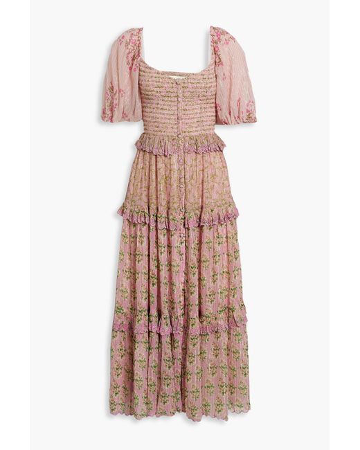 Hemant & Nandita Pink Tiered Metallic Floral-print Jacquard Midi Dress