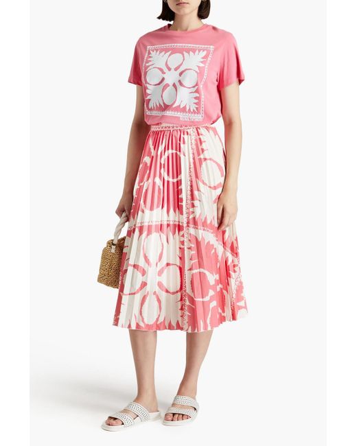 RED Valentino Red Pleated Printed Crepe De Chine Midi Skirt