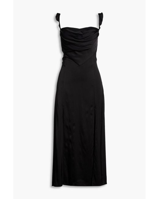 Maje Black Shirred Satin Midi Dress