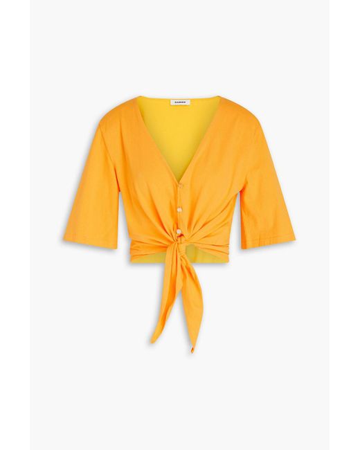 Sandro Yellow Knotted Button-embellished Cotton-jersey Top