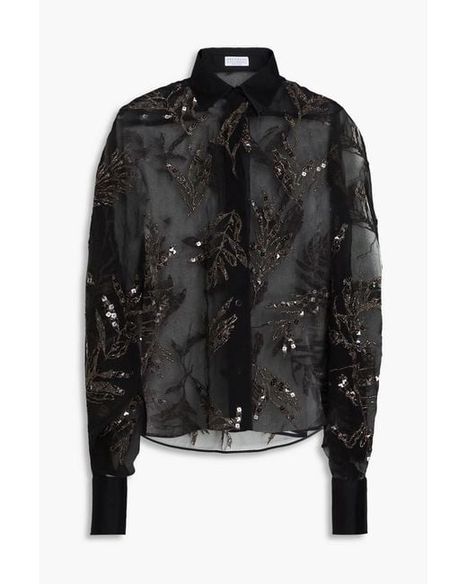 Brunello Cucinelli Black Embellished Silk-Organza Shirt