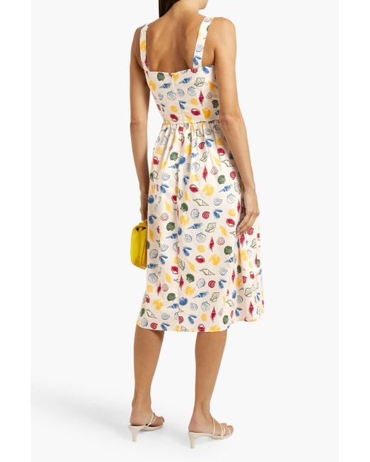 HVN White Laura Lace-Up Printed Cotton-Blend Poplin Midi Dress