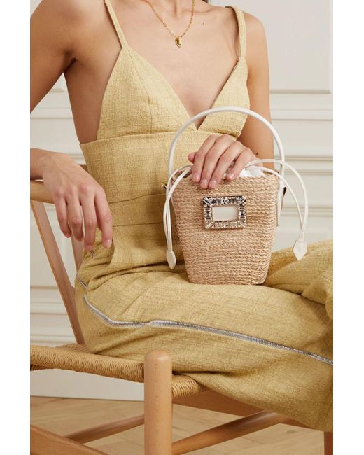 Roger Vivier Viv Basket Mini Crystal embellished Leather trimmed Raffia Shoulder Bag in White Lyst UK