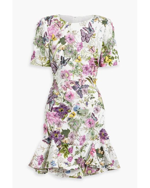 Badgley Mischka White Floral-Appliquéd Printed Twill Mini Dress