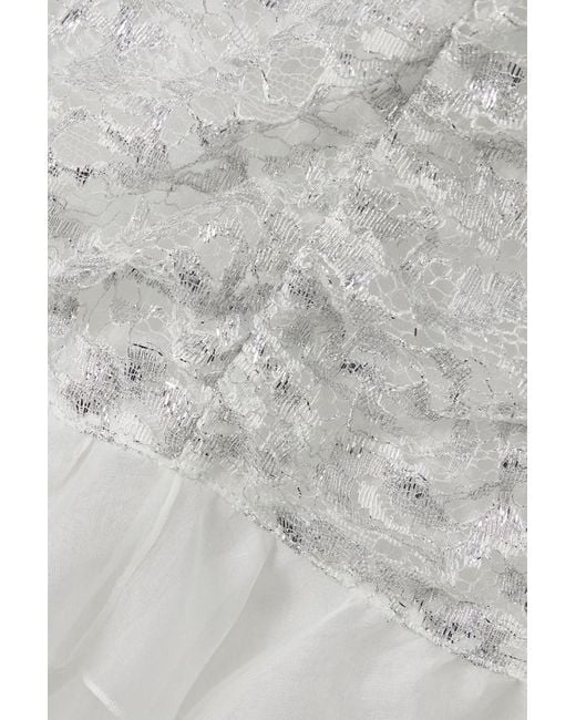 Alessandra Rich White Pussy-bow Ruffled Silk-organza Trimmed Metallic Lace Mini Dress