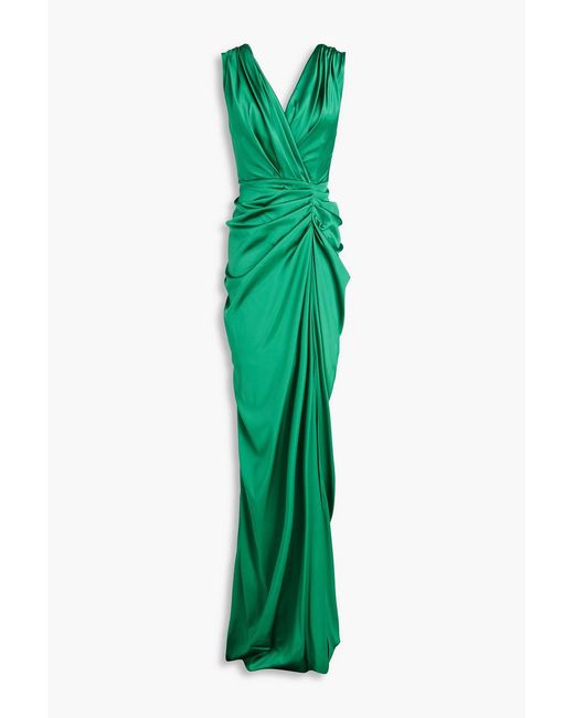 Rhea Costa Green Jaya Wrap-effect Satin Gown
