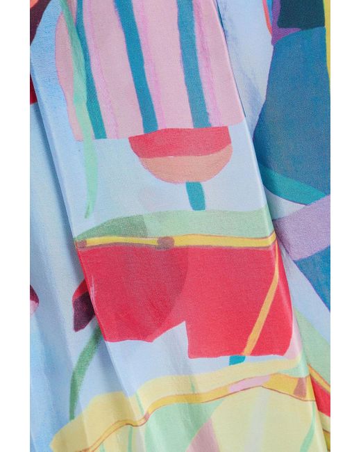 Farm Rio Blue Pleated Printed Crepe De Chine Wide-leg Pants