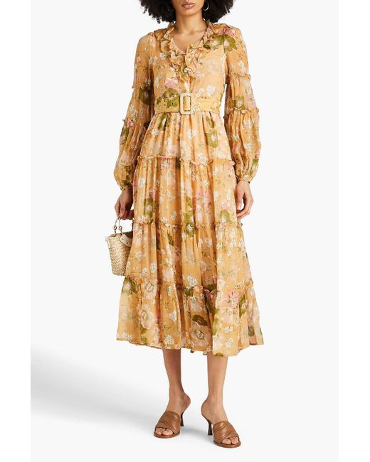 byTiMo Metallic Belted Ruffled Floral-print Organza Midi Dress