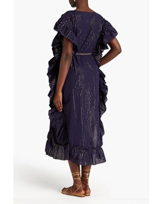 Zimmermann Blue Ruffled Metallic Striped Cotton Midi Dress