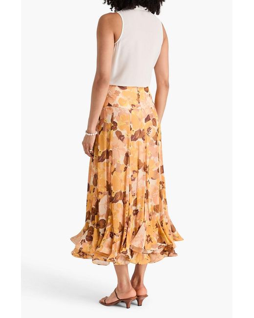 Zimmermann Yellow Fluted Floral-Print Crepe De Chine Midi Skirt