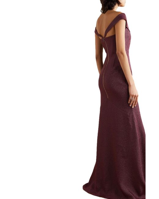 Roland Mouret Purple Ray Off-the-shoulder Metallic Piqué Gown