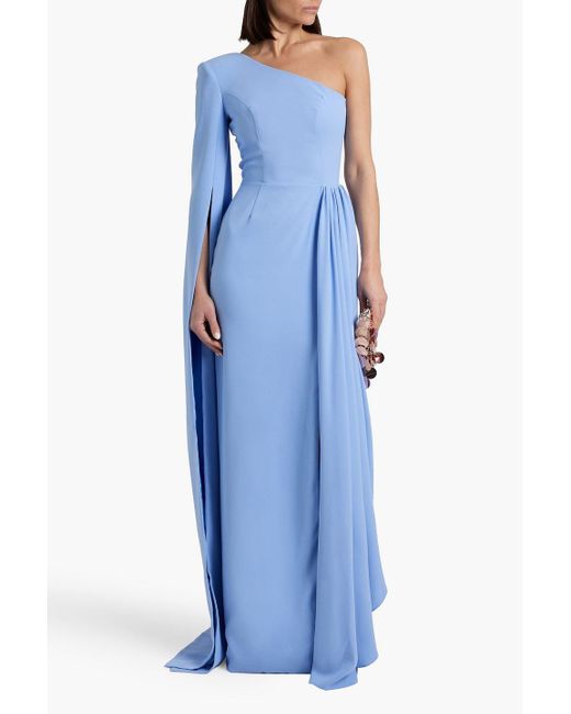 Rhea Costa Blue One-shoulder Draped Crepe Gown