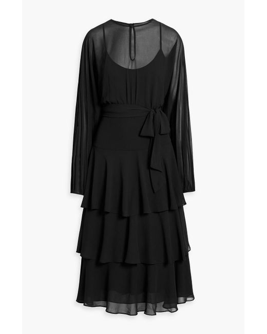 Mikael Aghal Black Tiered Chiffon Midi Dress