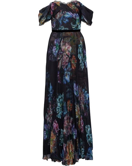 Marchesa notte Black Off-the-shoulder Pleated Floral-print Chiffon Gown