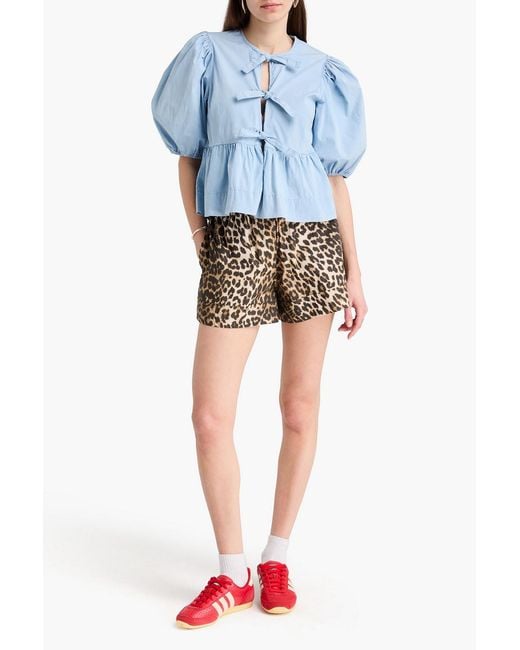 Ganni Blue Bow-detailed Stretch-cotton Top