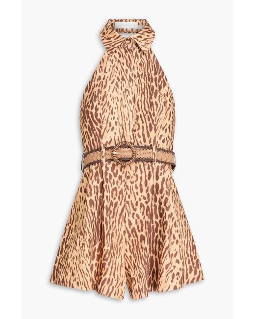 Zimmermann Natural Open-Back Belted Leopard-Print Linen Playsuit
