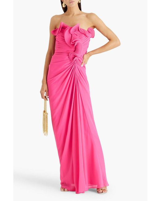 Badgley Mischka Pink Strapless Ruffled Chiffon Gown