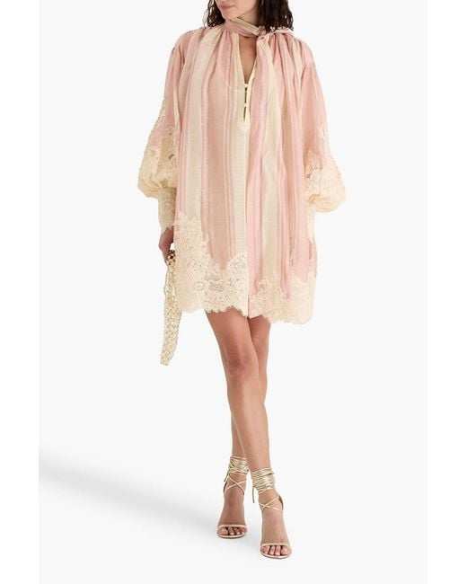 Zimmermann Pink Lace-Paneled Striped Linen And Silk-Blend Gauze Mini Dress
